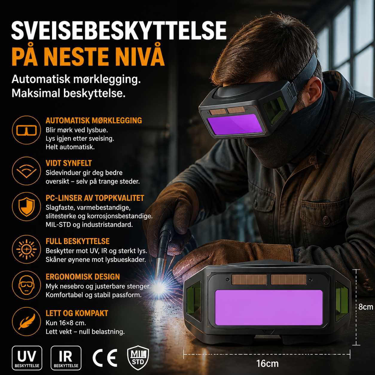 Panoramiske sveisebriller med automatisk mørkningsbeskyttelse og beskyttelse mot intenst lys