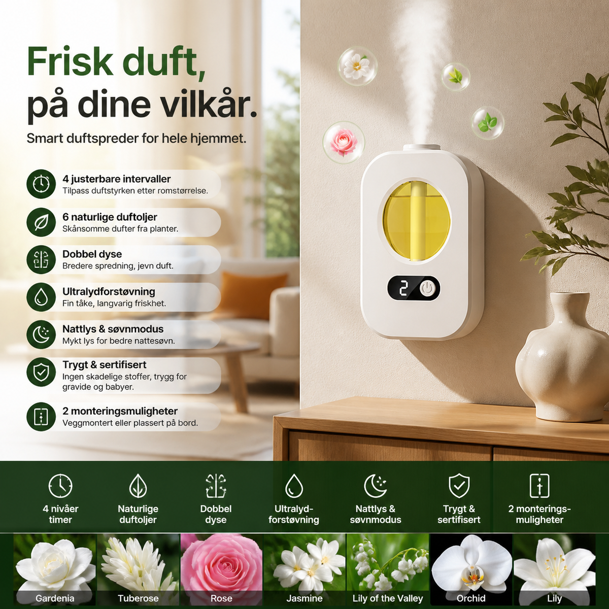 🌿 Smart aromadiffuser – 8 dufter, 4 nivåer, nattlampe. Frisk luft i alle rom! ✨💨