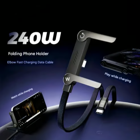 ⚡2-i-1 usynlig holderladerkabel – 240 W hurtigladekabel med innebygd telefonstativ
