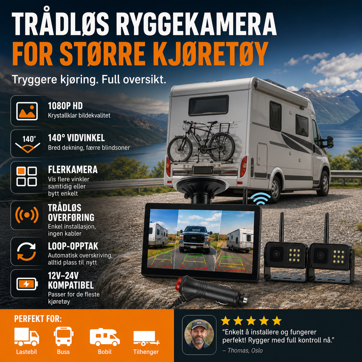 🚛 Trådløst dashcamsystem – 1080P, delt skjerm, 140° synsfelt. Perfekt for lastebiler og bobiler! 📡✨
