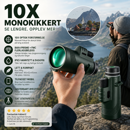 🔭 10x militærkikkert – BAK4, vanntett, lett (249g). Perfekt til jakt, fugletitting og fotografering! 📸✨