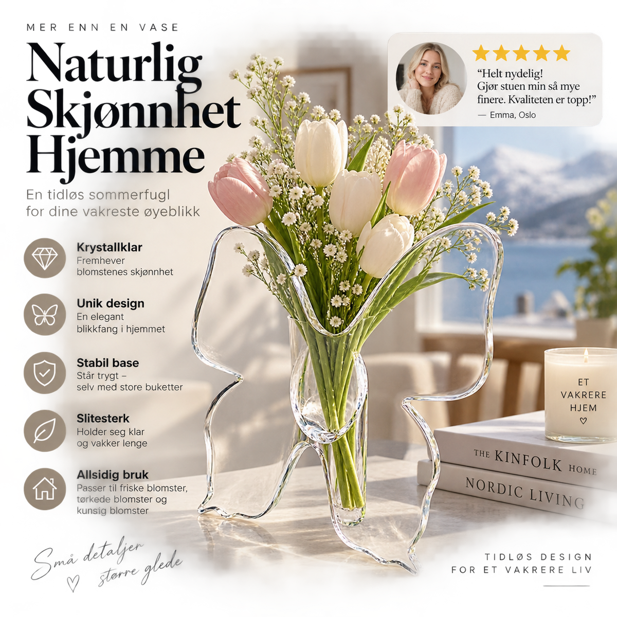 🦋 Gjennomsiktig sommerfuglvas – krystallklar plast, stabil base. Perfekt til blomster, bordpynt og gaver! ✨💐