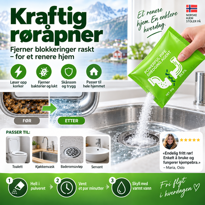 🧪 Avløpsrens i pulverform – effektiv mot hår og fett. Trygg for rør – rengjør vask, toalett og sluk! 💪🌿