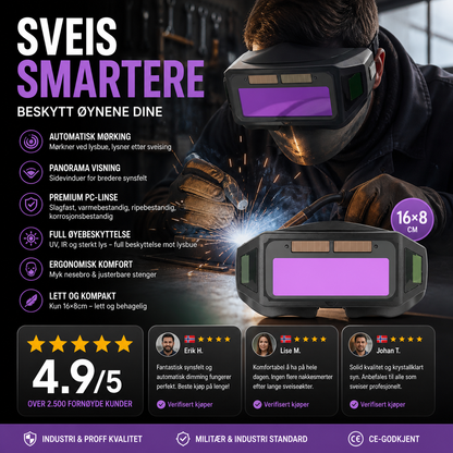 Panoramiske sveisebriller med automatisk mørkningsbeskyttelse og beskyttelse mot intenst lys
