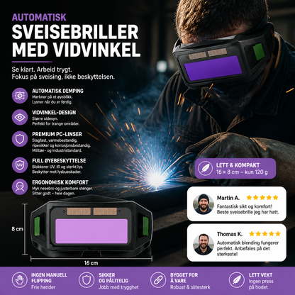 Panoramiske sveisebriller med automatisk mørkningsbeskyttelse og beskyttelse mot intenst lys