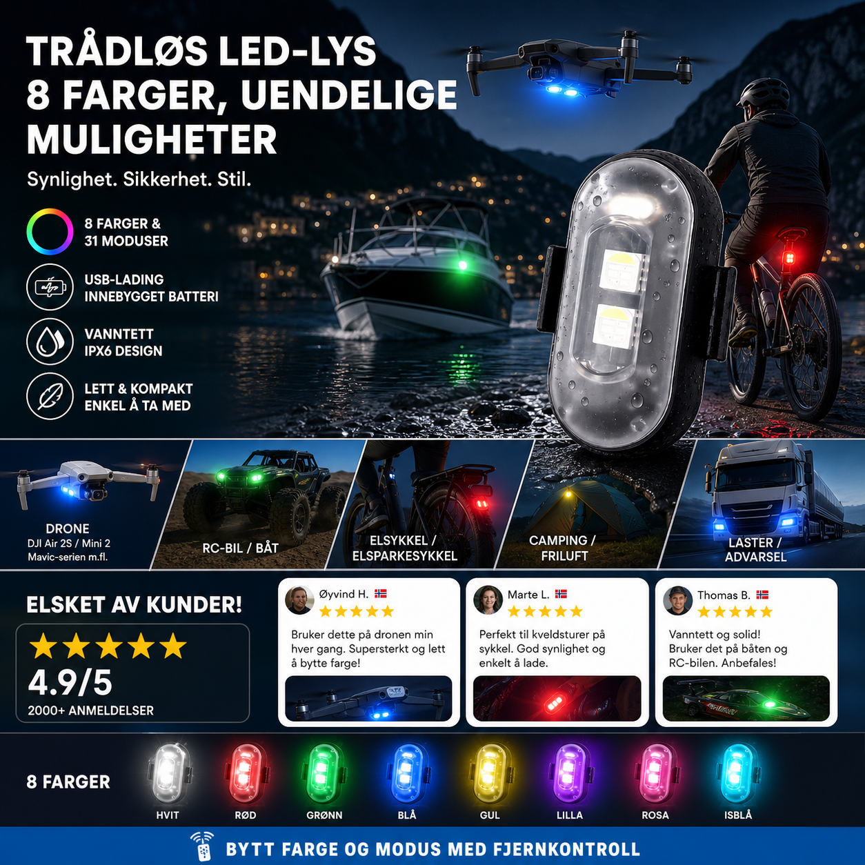 🚁 Strobelykt med 8 farger – trådløs, kompakt og kraftig. USB-lading, vanntett plugg, fjernstyring – ideell til RC-biler, båter, sykler og friluftsliv! ✨🔋