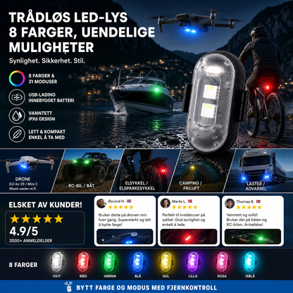 🚁 Strobelykt med 8 farger – trådløs, kompakt og kraftig. USB-lading, vanntett plugg, fjernstyring – ideell til RC-biler, båter, sykler og friluftsliv! ✨🔋