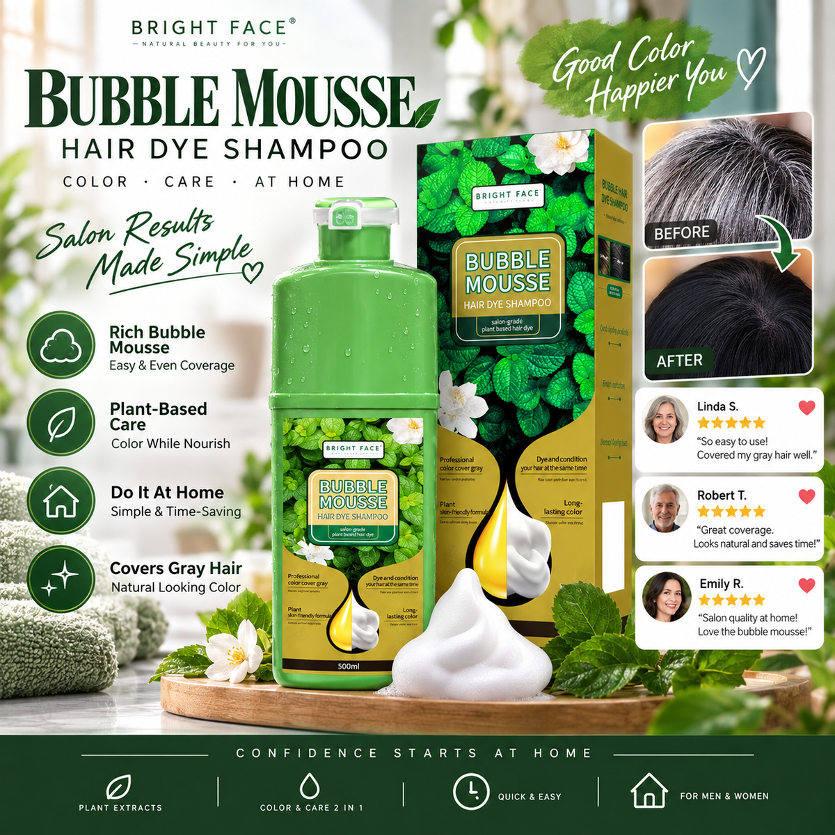 ⚡SALG PÅ 50 % RABATT⏳Plantebasert Bubble Mousse hårfargesjampo | Enkel dekning av grått hår hjemme, skånsom og langvarig💇‍♀️
