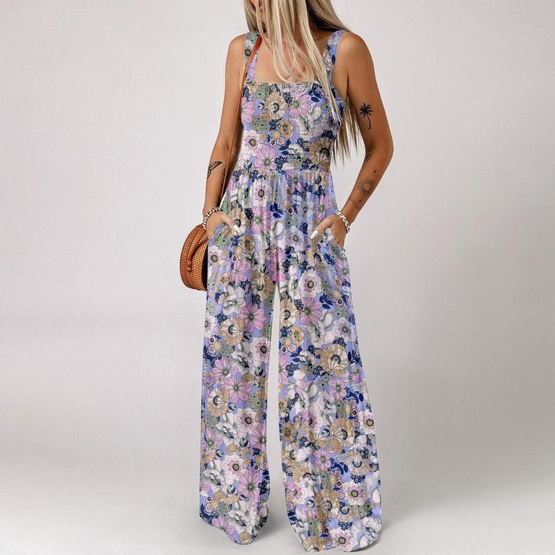 ✨ 48 % RABATT NÅ! 🌼 Ermeløs jumpsuit med blomsterprint til dame – Smocked byste og vide ben i sommerstil 👒🏖️