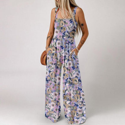 ✨ 48 % RABATT NÅ! 🌼 Ermeløs jumpsuit med blomsterprint til dame – Smocked byste og vide ben i sommerstil 👒🏖️