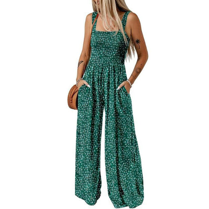 ✨ 48 % RABATT NÅ! 🌼 Ermeløs jumpsuit med blomsterprint til dame – Smocked byste og vide ben i sommerstil 👒🏖️