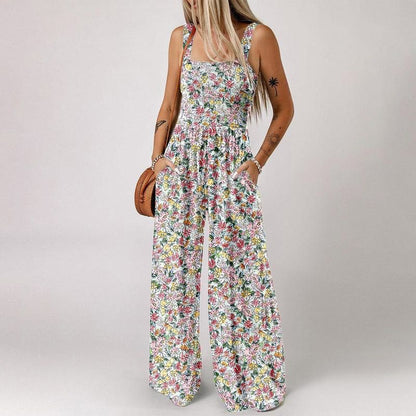 ✨ 48 % RABATT NÅ! 🌼 Ermeløs jumpsuit med blomsterprint til dame – Smocked byste og vide ben i sommerstil 👒🏖️