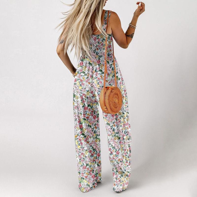 ✨ 48 % RABATT NÅ! 🌼 Ermeløs jumpsuit med blomsterprint til dame – Smocked byste og vide ben i sommerstil 👒🏖️