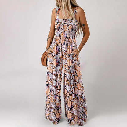 ✨ 48 % RABATT NÅ! 🌼 Ermeløs jumpsuit med blomsterprint til dame – Smocked byste og vide ben i sommerstil 👒🏖️