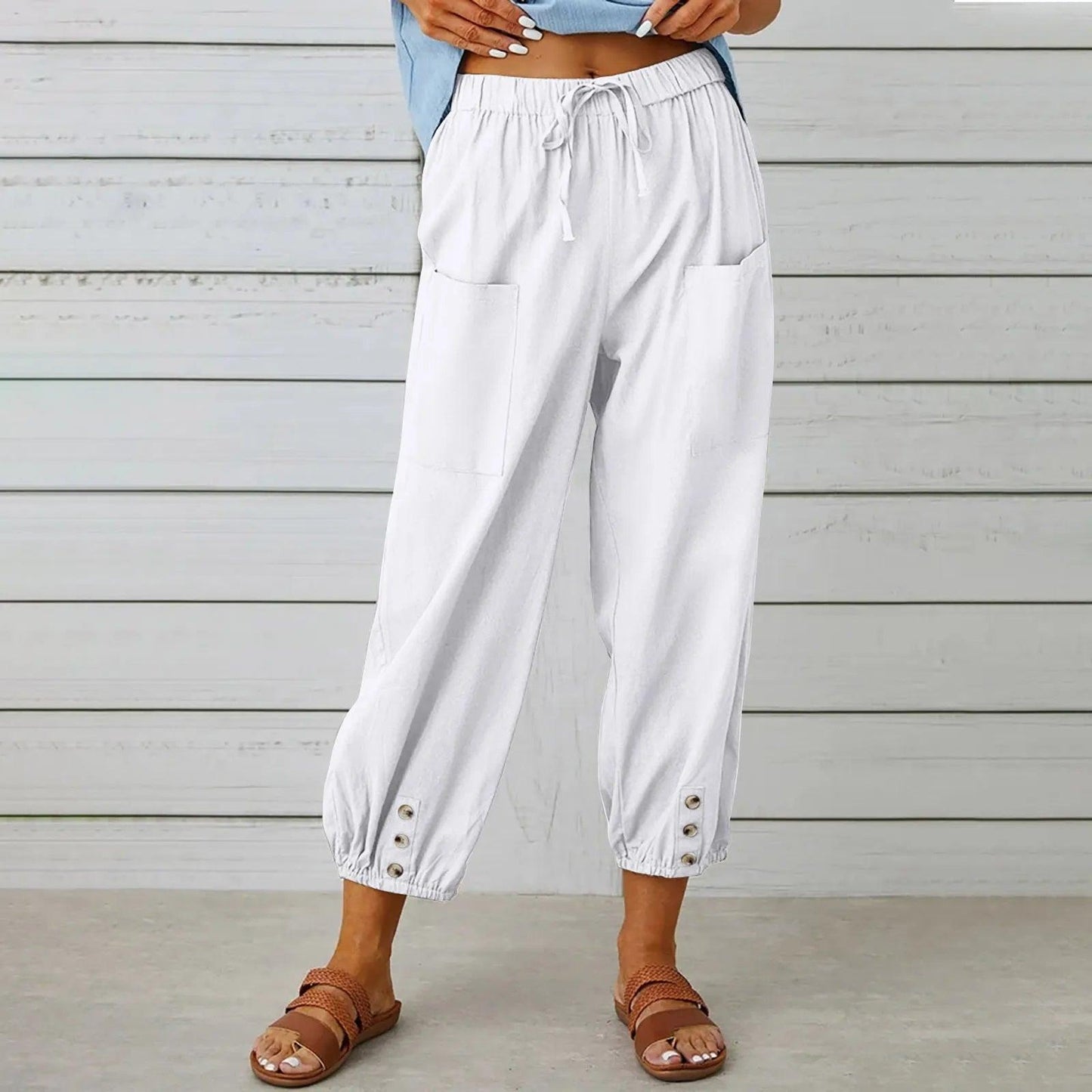👖 48 % RABATT NÅ! ✨ Capribukser til dame – Vide ben med snøring – Komfortabel passform, avslappet stil og elastisk midje 💫