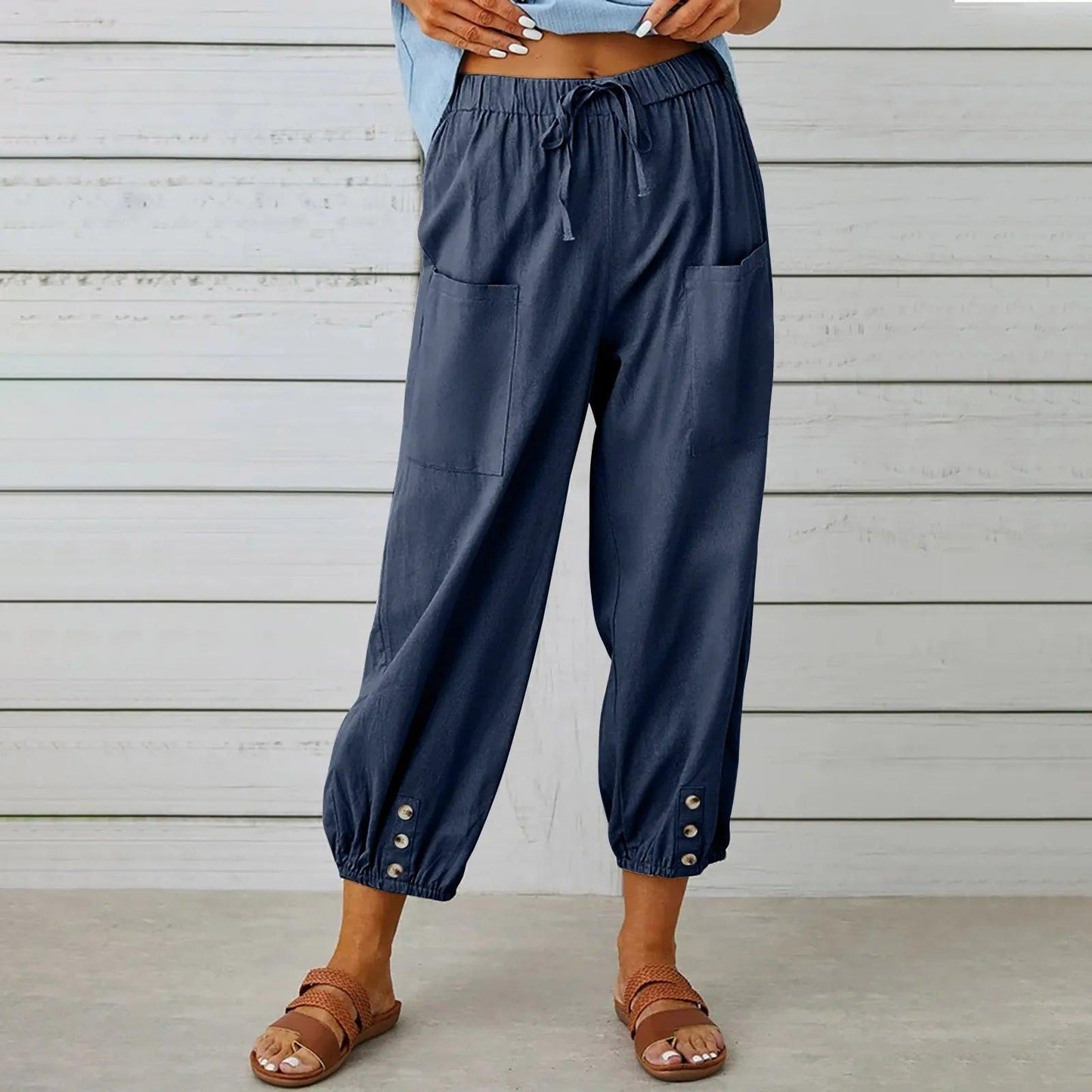 👖 48 % RABATT NÅ! ✨ Capribukser til dame – Vide ben med snøring – Komfortabel passform, avslappet stil og elastisk midje 💫