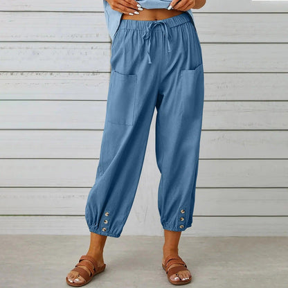 👖 48 % RABATT NÅ! ✨ Capribukser til dame – Vide ben med snøring – Komfortabel passform, avslappet stil og elastisk midje 💫