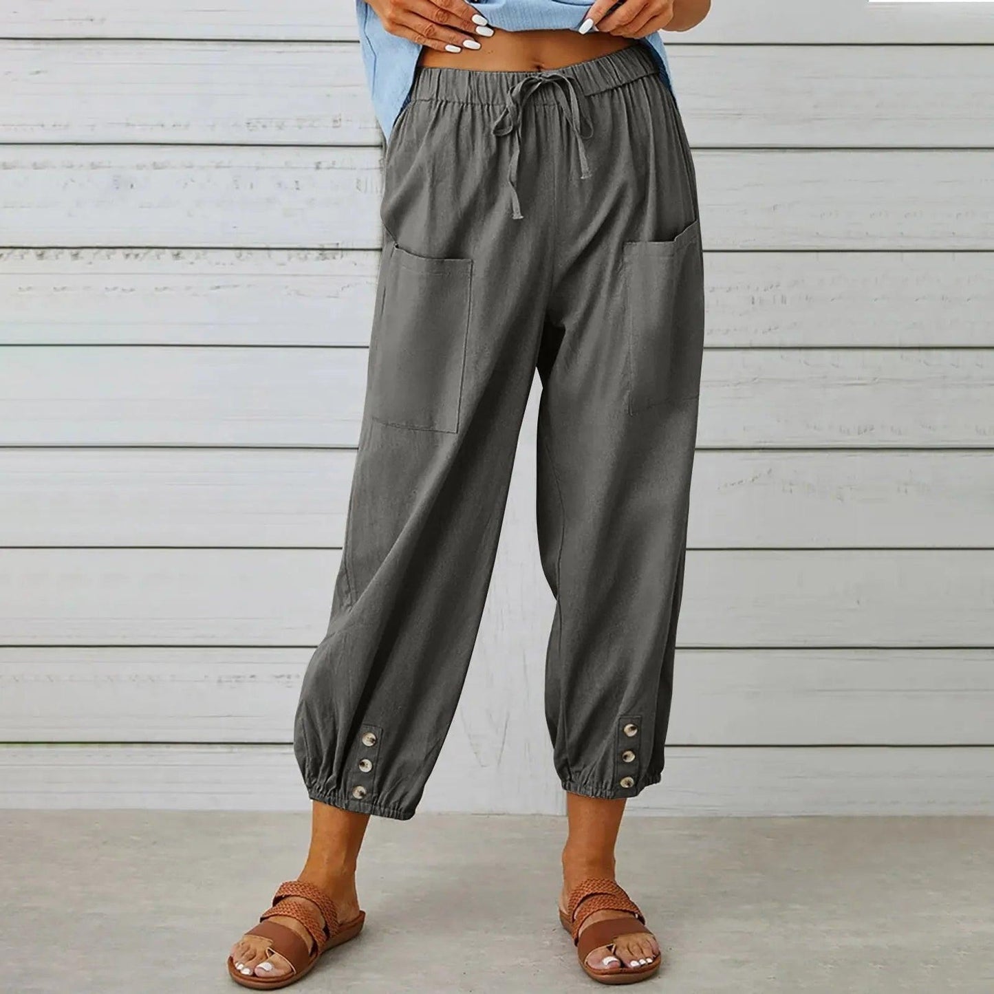 👖 48 % RABATT NÅ! ✨ Capribukser til dame – Vide ben med snøring – Komfortabel passform, avslappet stil og elastisk midje 💫