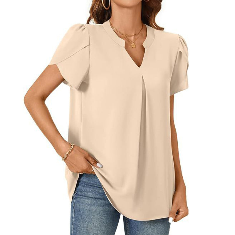 💖SOMMERSALG 48 % RABATT💖Dametopp med V-hals og korte ermer, ensfarget