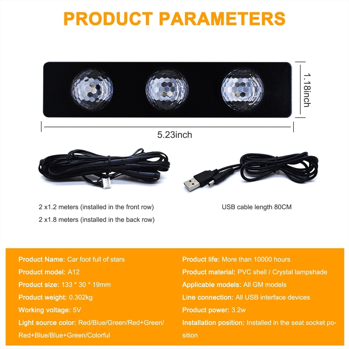USB LED bil interiør stjerne lys lampe – 4 stk (7 farger, stemmestyring med fjernkontroll)