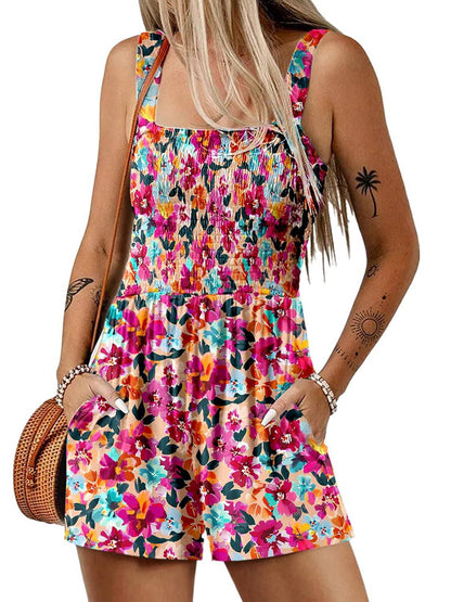 💃 Blomsterprint Ermeløs Shorts Jumpsuit med Lommer