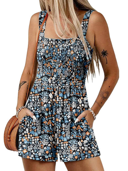 💃 Blomsterprint Ermeløs Shorts Jumpsuit med Lommer
