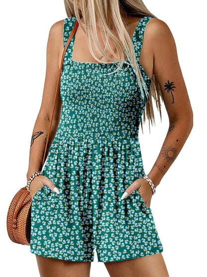 💃 Blomsterprint Ermeløs Shorts Jumpsuit med Lommer