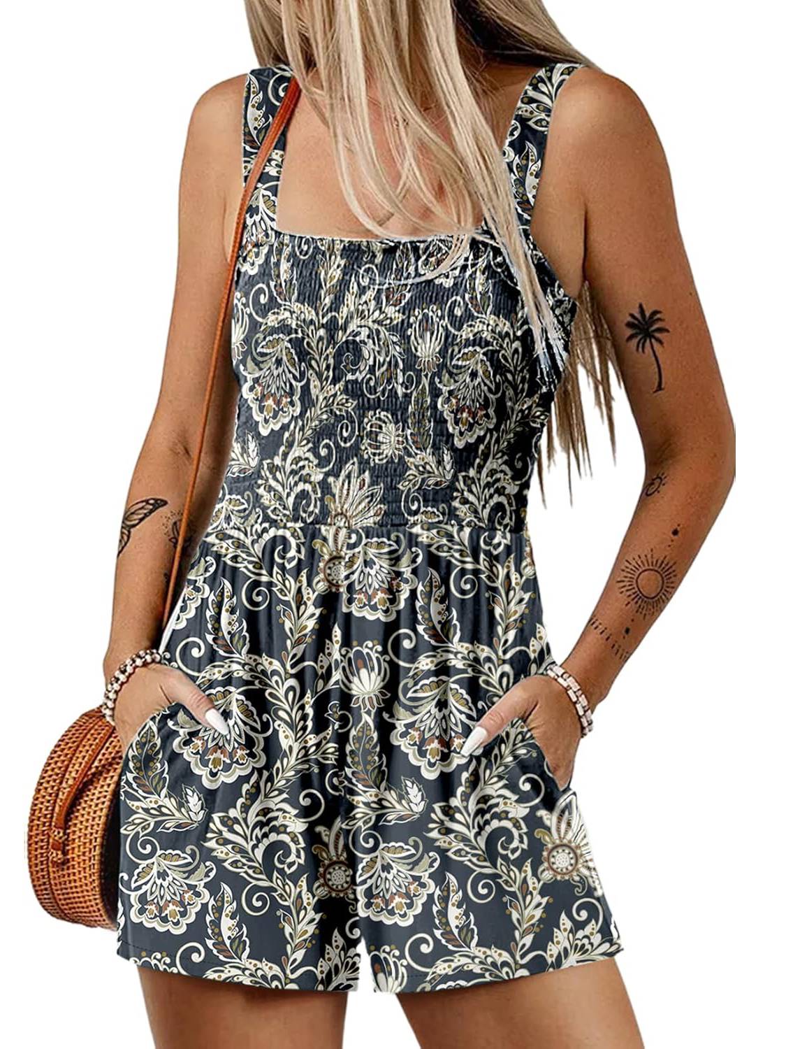 💃 Blomsterprint Ermeløs Shorts Jumpsuit med Lommer