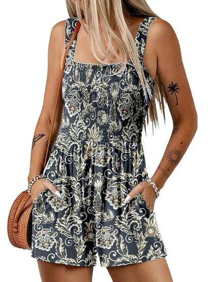💃 Blomsterprint Ermeløs Shorts Jumpsuit med Lommer