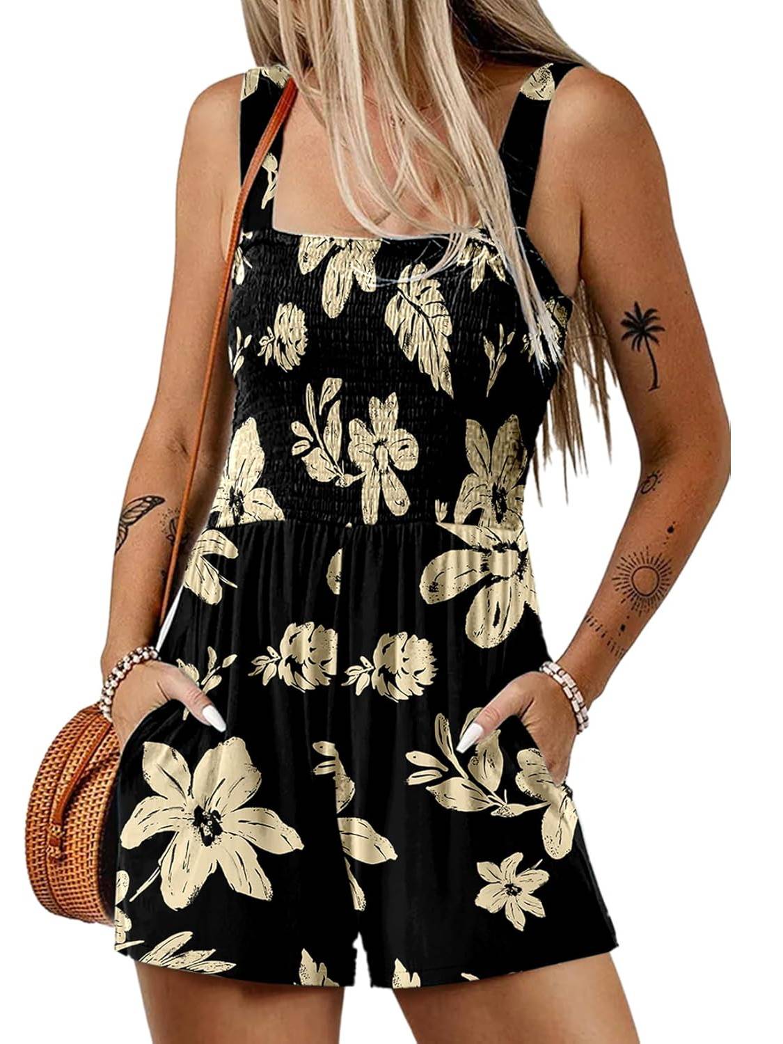 💃 Blomsterprint Ermeløs Shorts Jumpsuit med Lommer