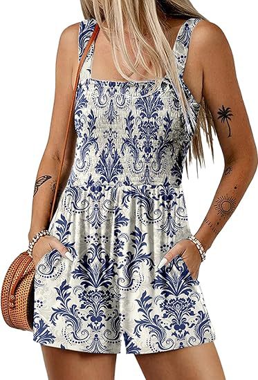 💃 Blomsterprint Ermeløs Shorts Jumpsuit med Lommer
