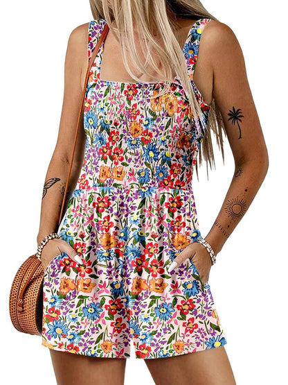 💃 Blomsterprint Ermeløs Shorts Jumpsuit med Lommer