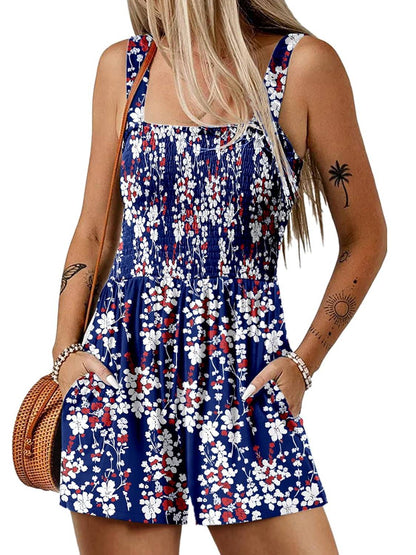 💃 Blomsterprint Ermeløs Shorts Jumpsuit med Lommer