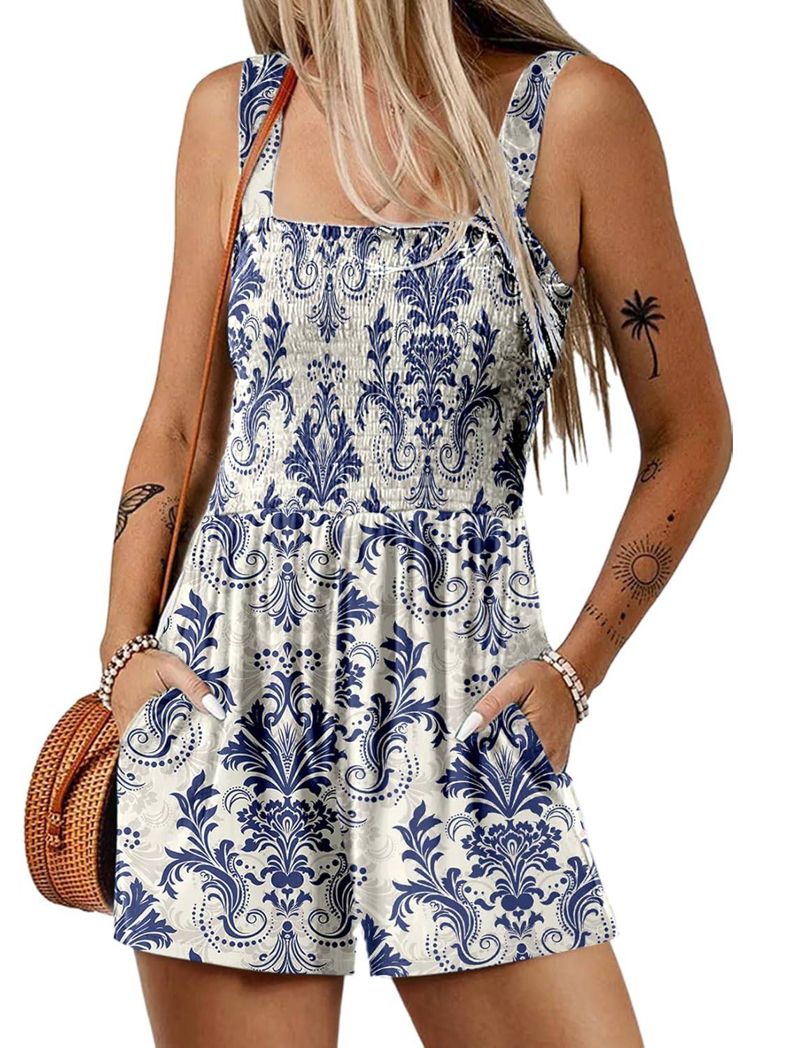 💃 Blomsterprint Ermeløs Shorts Jumpsuit med Lommer