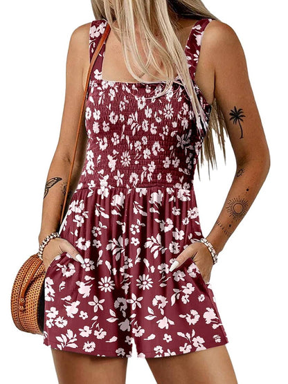💃 Blomsterprint Ermeløs Shorts Jumpsuit med Lommer