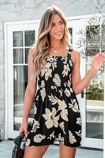 💃 Blomsterprint Ermeløs Shorts Jumpsuit med Lommer