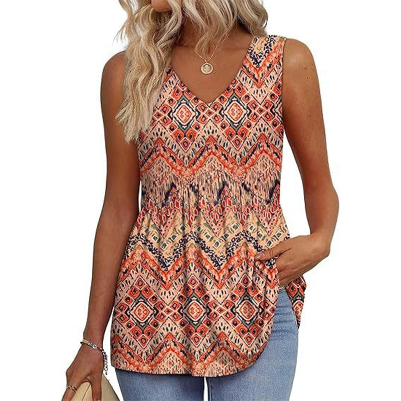 🌞VARMT SALG 48% RABATT👚Dameprint, flagrende, ermeløs peplum-tanktopper med V-hals