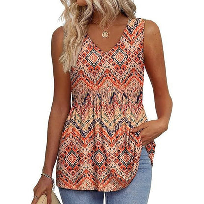 🌞VARMT SALG 48% RABATT👚Dameprint, flagrende, ermeløs peplum-tanktopper med V-hals