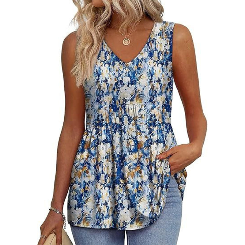 🌞VARMT SALG 48% RABATT👚Dameprint, flagrende, ermeløs peplum-tanktopper med V-hals