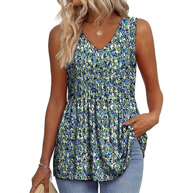🌞VARMT SALG 48% RABATT👚Dameprint, flagrende, ermeløs peplum-tanktopper med V-hals