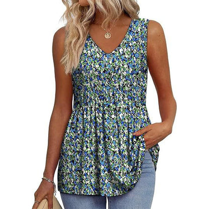 🌞VARMT SALG 48% RABATT👚Dameprint, flagrende, ermeløs peplum-tanktopper med V-hals