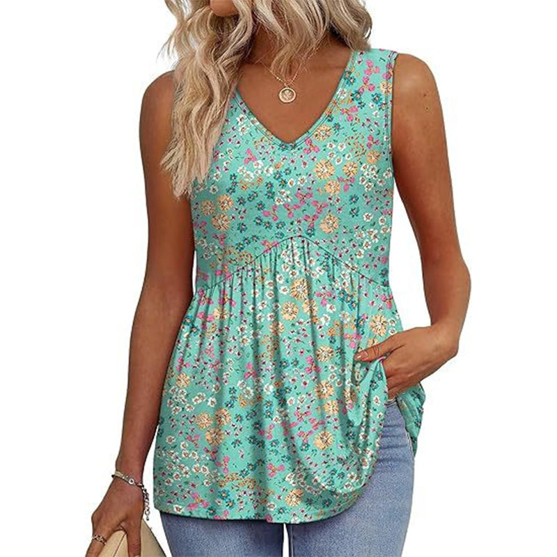 🌞VARMT SALG 48% RABATT👚Dameprint, flagrende, ermeløs peplum-tanktopper med V-hals