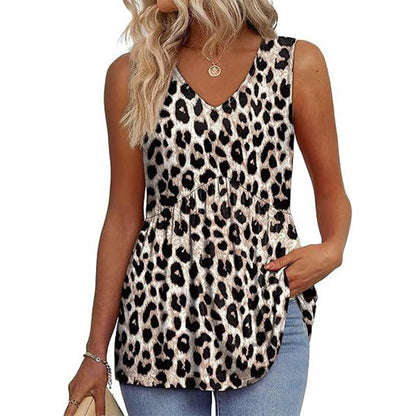 🌞VARMT SALG 48% RABATT👚Dameprint, flagrende, ermeløs peplum-tanktopper med V-hals