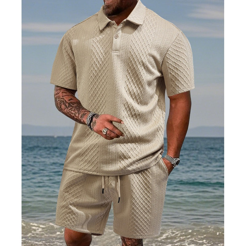 🔥Siste dags salg, 48 % rabatt! To-delt herresett i diamantstrukturert design: kortermet skjorte med krage og shorts med snøring.