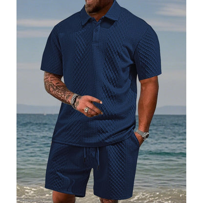 🔥Siste dags salg, 48 % rabatt! To-delt herresett i diamantstrukturert design: kortermet skjorte med krage og shorts med snøring.