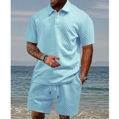 🔥Siste dags salg, 48 % rabatt! To-delt herresett i diamantstrukturert design: kortermet skjorte med krage og shorts med snøring.