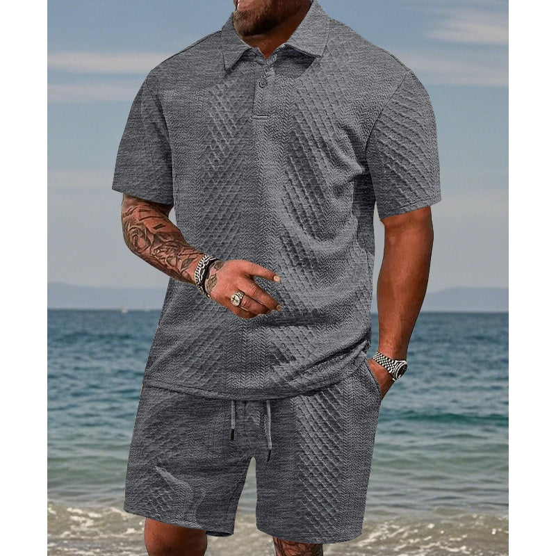 🔥Siste dags salg, 48 % rabatt! To-delt herresett i diamantstrukturert design: kortermet skjorte med krage og shorts med snøring.