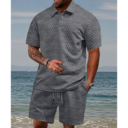 🔥Siste dags salg, 48 % rabatt! To-delt herresett i diamantstrukturert design: kortermet skjorte med krage og shorts med snøring.