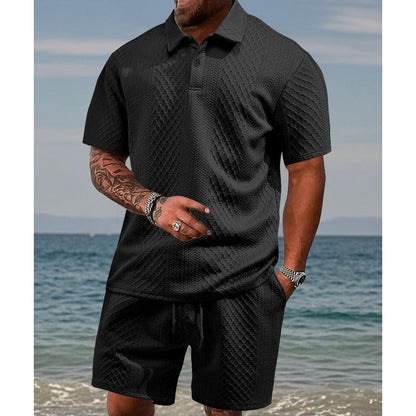 🔥Siste dags salg, 48 % rabatt! To-delt herresett i diamantstrukturert design: kortermet skjorte med krage og shorts med snøring.
