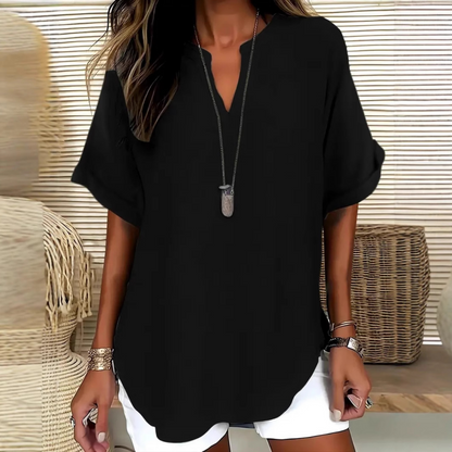 💎 48% RABATT! 💎 Moteriktig løs topp med korte ermer – V-hals med hakk, asymmetrisk kant og lett stoff (5 farger, S–2XL) 👕🌸